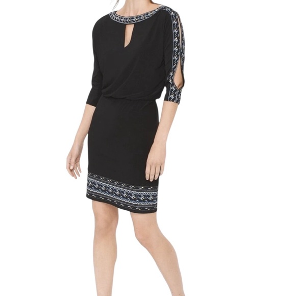 White House Black Market black split sleeve dress with embroidery size small - Picture 8 of 11